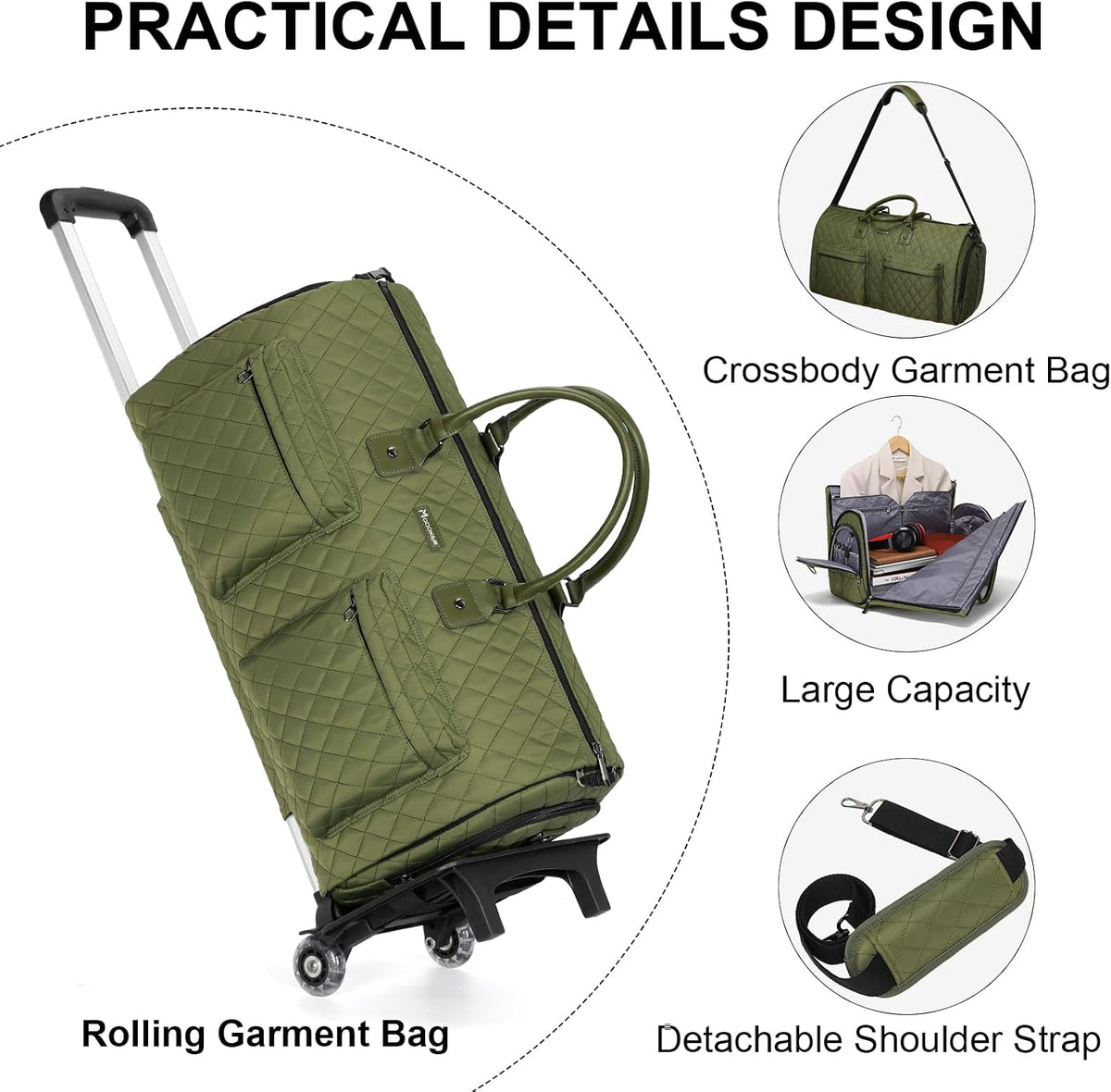 Convertible Rolling Garment Bag, Carry-On Duffle | 3-in-1 carry-on rolling duffle bag with wheels, suit carrier for overnight travel for both men and women