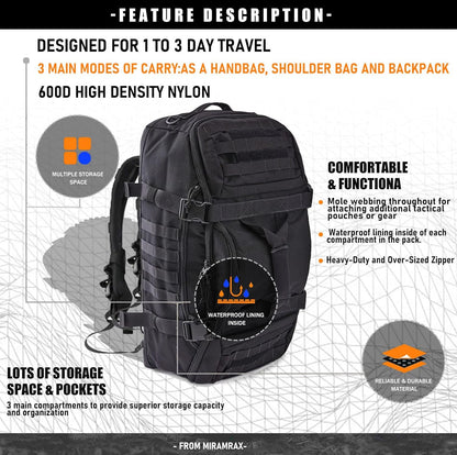 3-in-1 Gym Bag Duffle Bags Backpack - Travel Bag with Shoes Compartment | Sports Duffel Bag for Men Women Ideal for Workout,Weekender,Military,Sports,Overnight,Basketball,Tactical,Football,Baseball