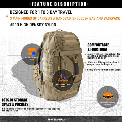 3-in-1 Gym Bag Duffle Bags Backpack - Travel Bag with Shoes Compartment | Sports Duffel Bag for Men Women Ideal for Workout,Weekender,Military,Sports,Overnight,Basketball,Tactical,Football,Baseball