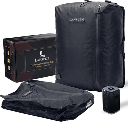 travel pack vacuum kit - Reusable Nylon Compression Bags + Rechargeable Pump - Save 60% Space - vacuum travel bags with pump - for Carry-On & Suitcase