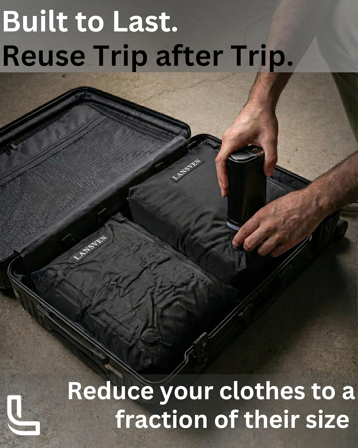travel pack vacuum kit - Reusable Nylon Compression Bags + Rechargeable Pump - Save 60% Space - vacuum travel bags with pump - for Carry-On & Suitcase