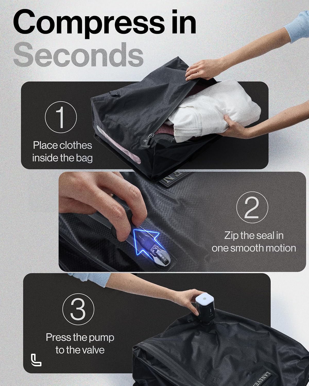 travel pack vacuum kit - Reusable Nylon Compression Bags + Rechargeable Pump - Save 60% Space - vacuum travel bags with pump - for Carry-On & Suitcase