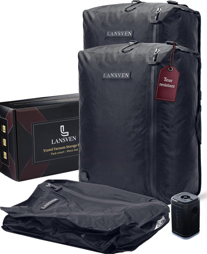 travel pack vacuum kit - Reusable Nylon Compression Bags + Rechargeable Pump - Save 60% Space - vacuum travel bags with pump - for Carry-On & Suitcase