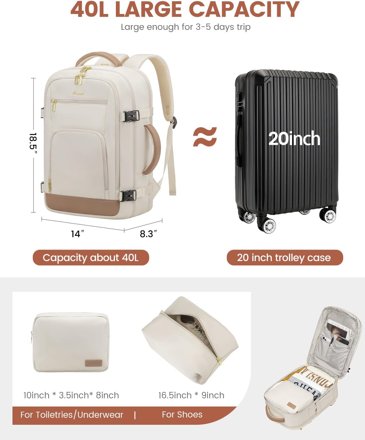 50L Rolling Backpack with Wheels, 18 Inch Carry On Luggage for Women, Water Resistant Wheeled Travel Backpack, Flight Approved Underseat Trolley Bag for Business, Overnight Trips, College