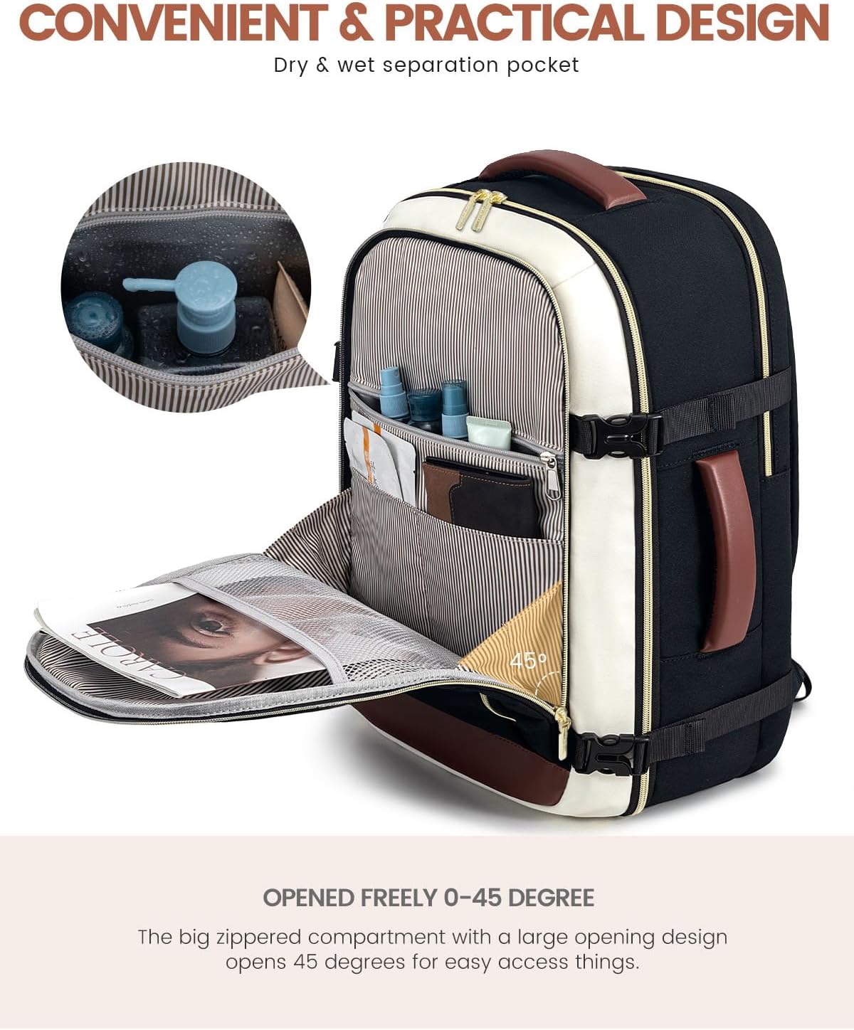 50L Rolling Backpack with Wheels, 18 Inch Carry On Luggage for Women, Water Resistant Wheeled Travel Backpack, Flight Approved Underseat Trolley Bag for Business, Overnight Trips, College