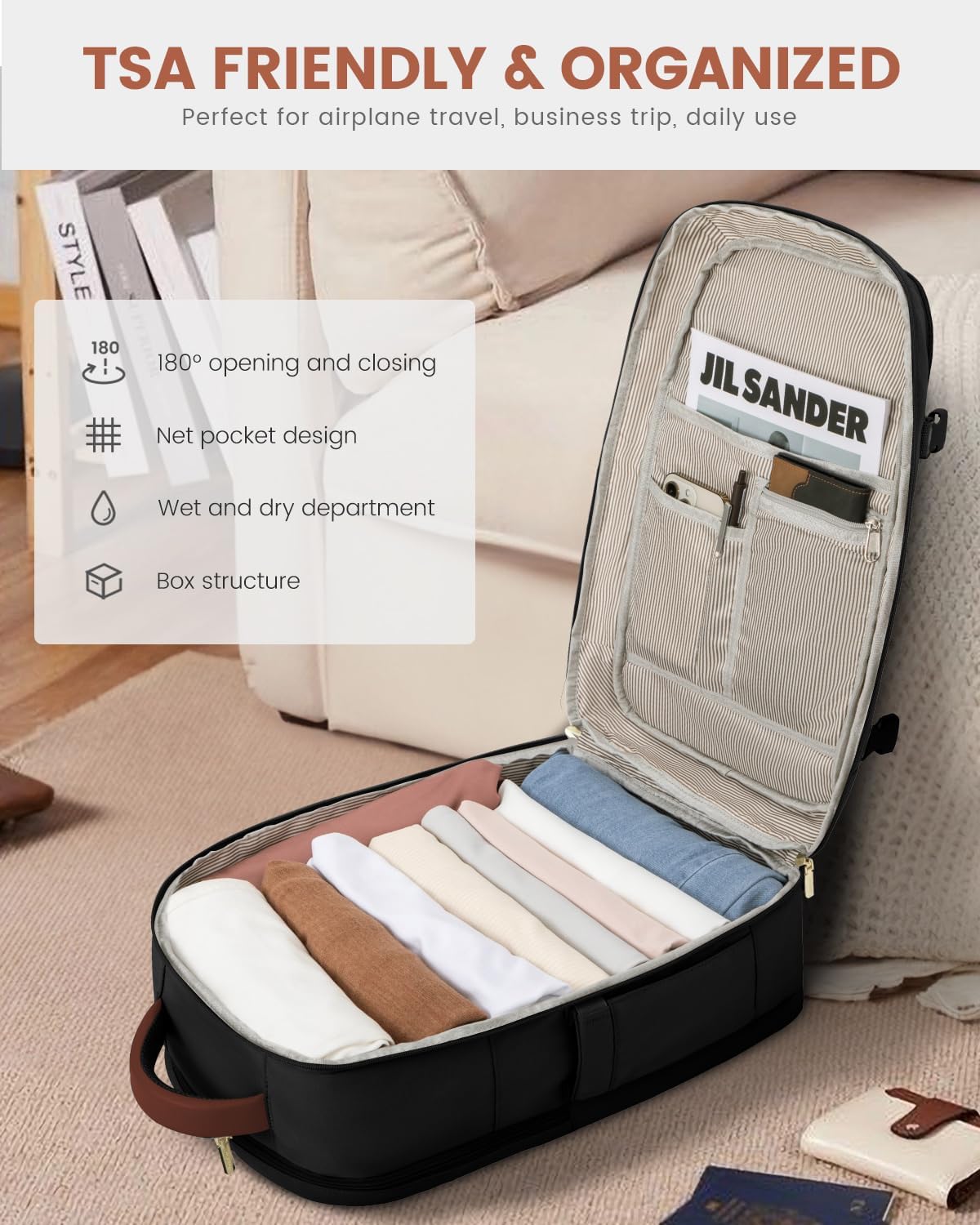 50L Rolling Backpack with Wheels, 18 Inch Carry On Luggage for Women, Water Resistant Wheeled Travel Backpack, Flight Approved Underseat Trolley Bag for Business, Overnight Trips, College