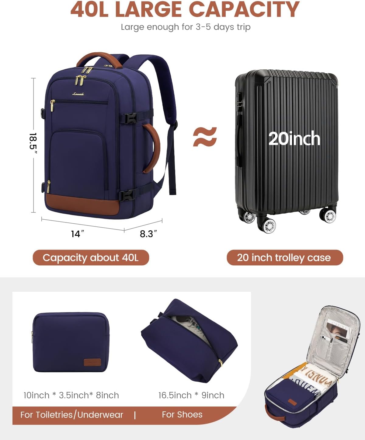 50L Rolling Backpack with Wheels, 18 Inch Carry On Luggage for Women, Water Resistant Wheeled Travel Backpack, Flight Approved Underseat Trolley Bag for Business, Overnight Trips, College
