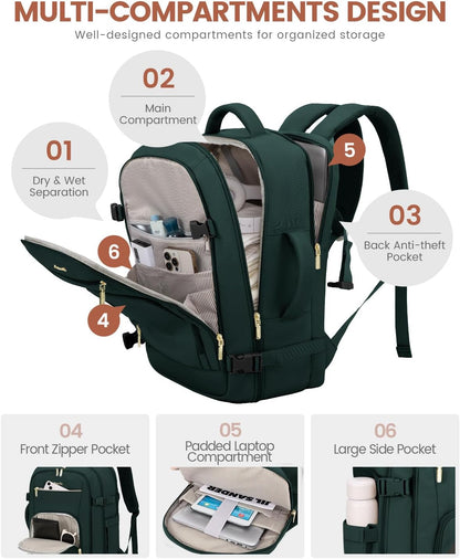 50L Rolling Backpack with Wheels, 18 Inch Carry On Luggage for Women, Water Resistant Wheeled Travel Backpack, Flight Approved Underseat Trolley Bag for Business, Overnight Trips, College