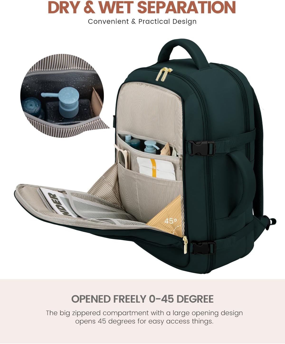 50L Rolling Backpack with Wheels, 18 Inch Carry On Luggage for Women, Water Resistant Wheeled Travel Backpack, Flight Approved Underseat Trolley Bag for Business, Overnight Trips, College