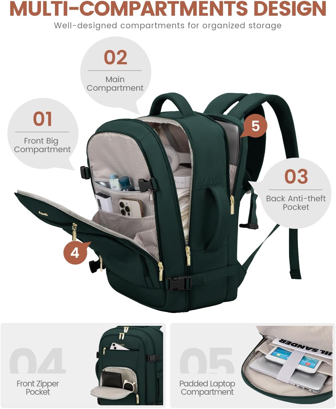 50L Rolling Backpack with Wheels, 18 Inch Carry On Luggage for Women, Water Resistant Wheeled Travel Backpack, Flight Approved Underseat Trolley Bag for Business, Overnight Trips, College