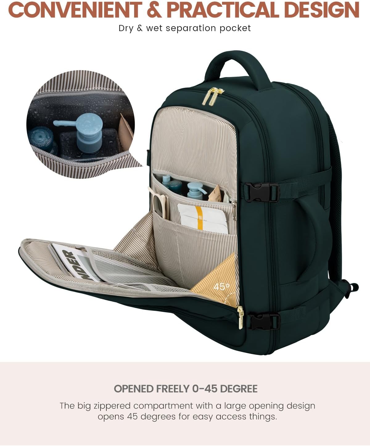 50L Rolling Backpack with Wheels, 18 Inch Carry On Luggage for Women, Water Resistant Wheeled Travel Backpack, Flight Approved Underseat Trolley Bag for Business, Overnight Trips, College
