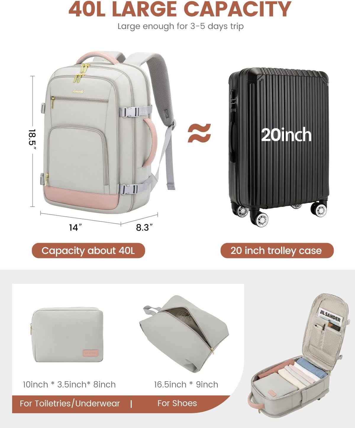 50L Rolling Backpack with Wheels, 18 Inch Carry On Luggage for Women, Water Resistant Wheeled Travel Backpack, Flight Approved Underseat Trolley Bag for Business, Overnight Trips, College