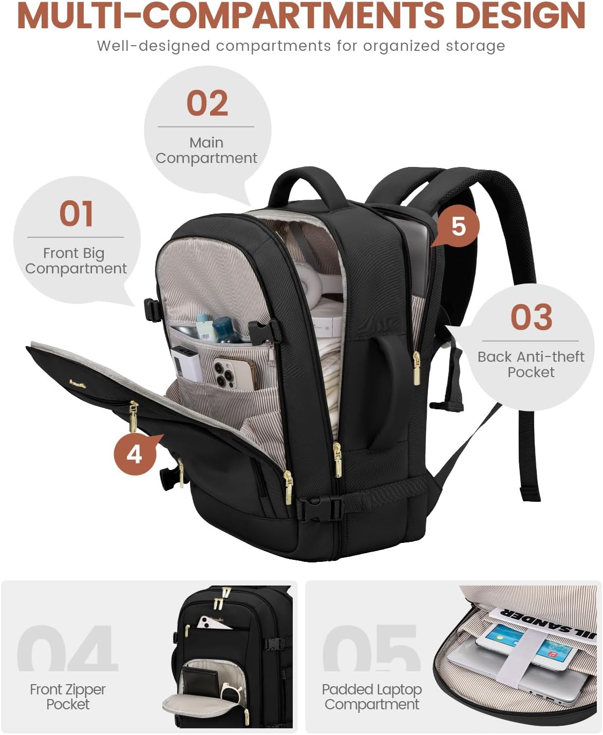 50L Rolling Backpack with Wheels, 18 Inch Carry On Luggage for Women, Water Resistant Wheeled Travel Backpack, Flight Approved Underseat Trolley Bag for Business, Overnight Trips, College