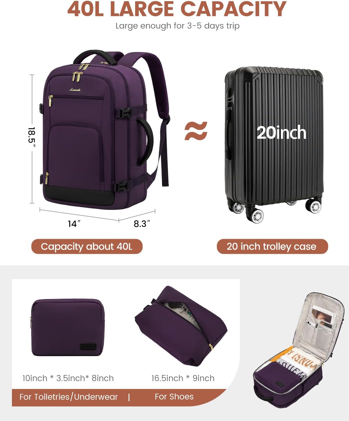 50L Rolling Backpack with Wheels, 18 Inch Carry On Luggage for Women, Water Resistant Wheeled Travel Backpack, Flight Approved Underseat Trolley Bag for Business, Overnight Trips, College