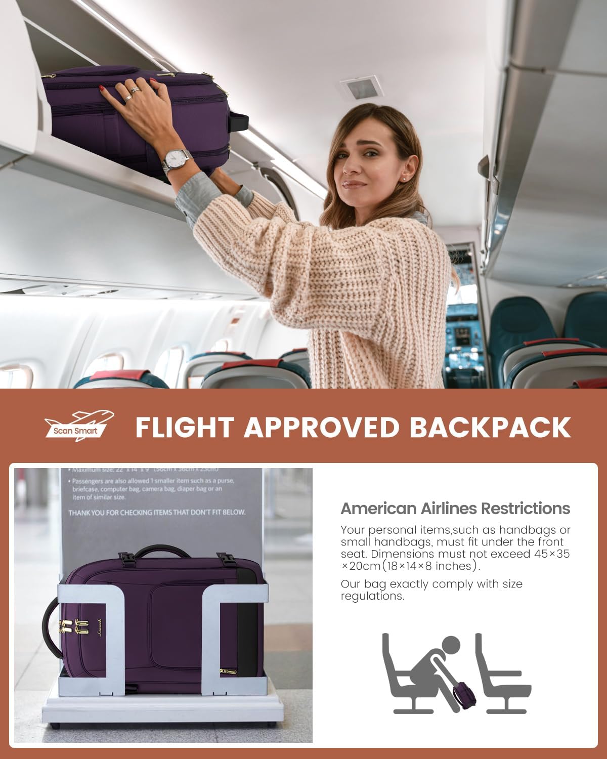 50L Rolling Backpack with Wheels, 18 Inch Carry On Luggage for Women, Water Resistant Wheeled Travel Backpack, Flight Approved Underseat Trolley Bag for Business, Overnight Trips, College