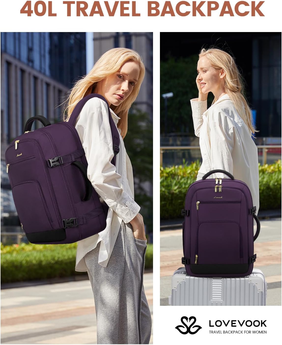 50L Rolling Backpack with Wheels, 18 Inch Carry On Luggage for Women, Water Resistant Wheeled Travel Backpack, Flight Approved Underseat Trolley Bag for Business, Overnight Trips, College