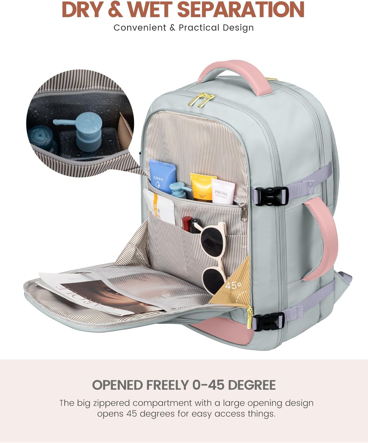 50L Rolling Backpack with Wheels, 18 Inch Carry On Luggage for Women, Water Resistant Wheeled Travel Backpack, Flight Approved Underseat Trolley Bag for Business, Overnight Trips, College