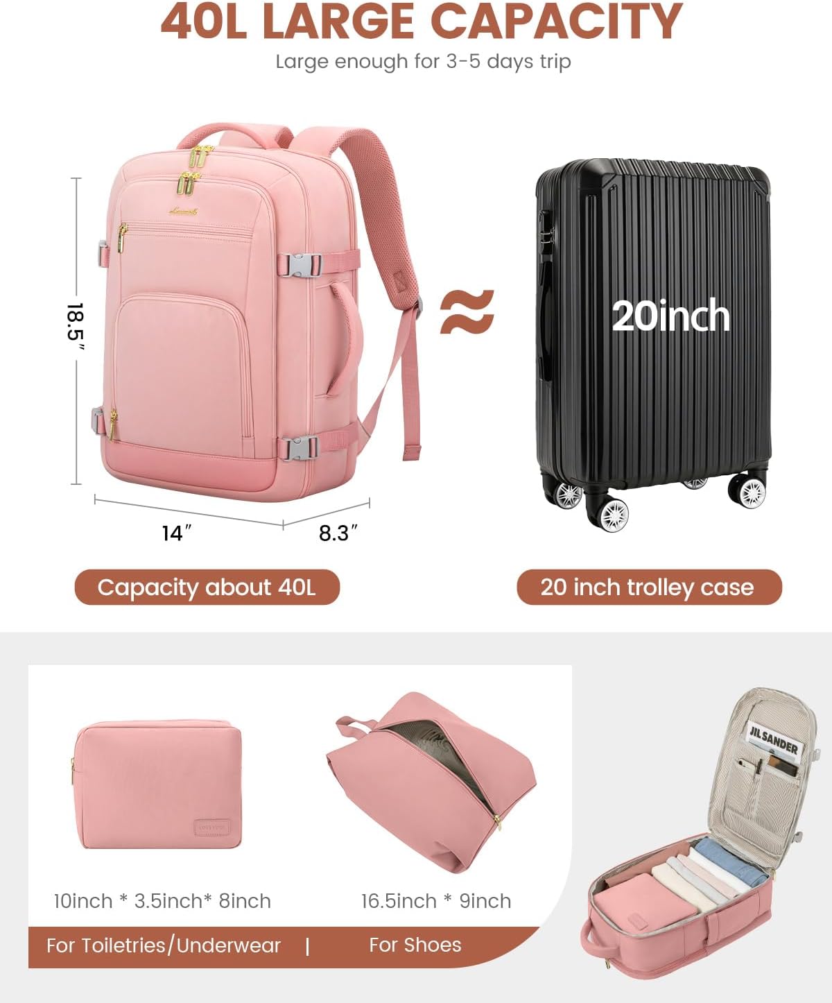 50L Rolling Backpack with Wheels, 18 Inch Carry On Luggage for Women, Water Resistant Wheeled Travel Backpack, Flight Approved Underseat Trolley Bag for Business, Overnight Trips, College