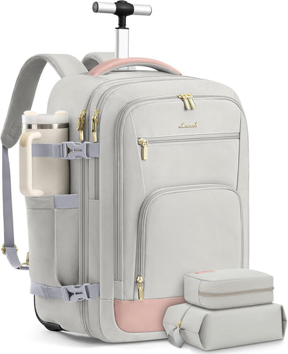 50L Rolling Backpack with Wheels, 18 Inch Carry On Luggage for Women, Water Resistant Wheeled Travel Backpack, Flight Approved Underseat Trolley Bag for Business, Overnight Trips, College
