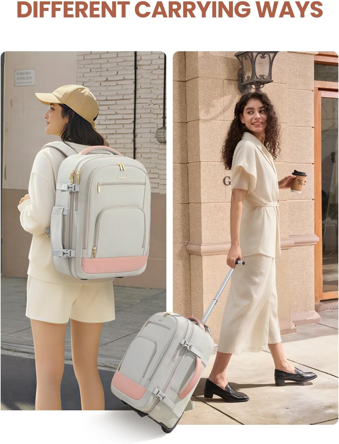 50L Rolling Backpack with Wheels, 18 Inch Carry On Luggage for Women, Water Resistant Wheeled Travel Backpack, Flight Approved Underseat Trolley Bag for Business, Overnight Trips, College
