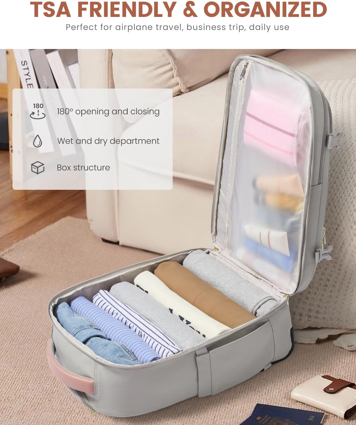 50L Rolling Backpack with Wheels, 18 Inch Carry On Luggage for Women, Water Resistant Wheeled Travel Backpack, Flight Approved Underseat Trolley Bag for Business, Overnight Trips, College