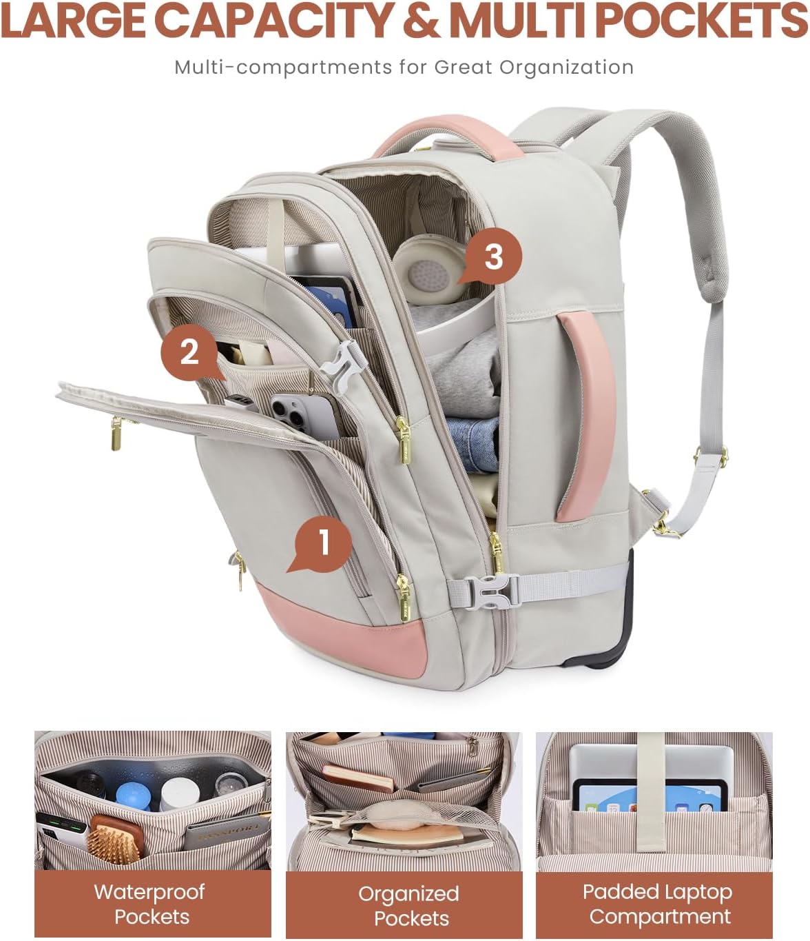 50L Rolling Backpack with Wheels, 18 Inch Carry On Luggage for Women, Water Resistant Wheeled Travel Backpack, Flight Approved Underseat Trolley Bag for Business, Overnight Trips, College