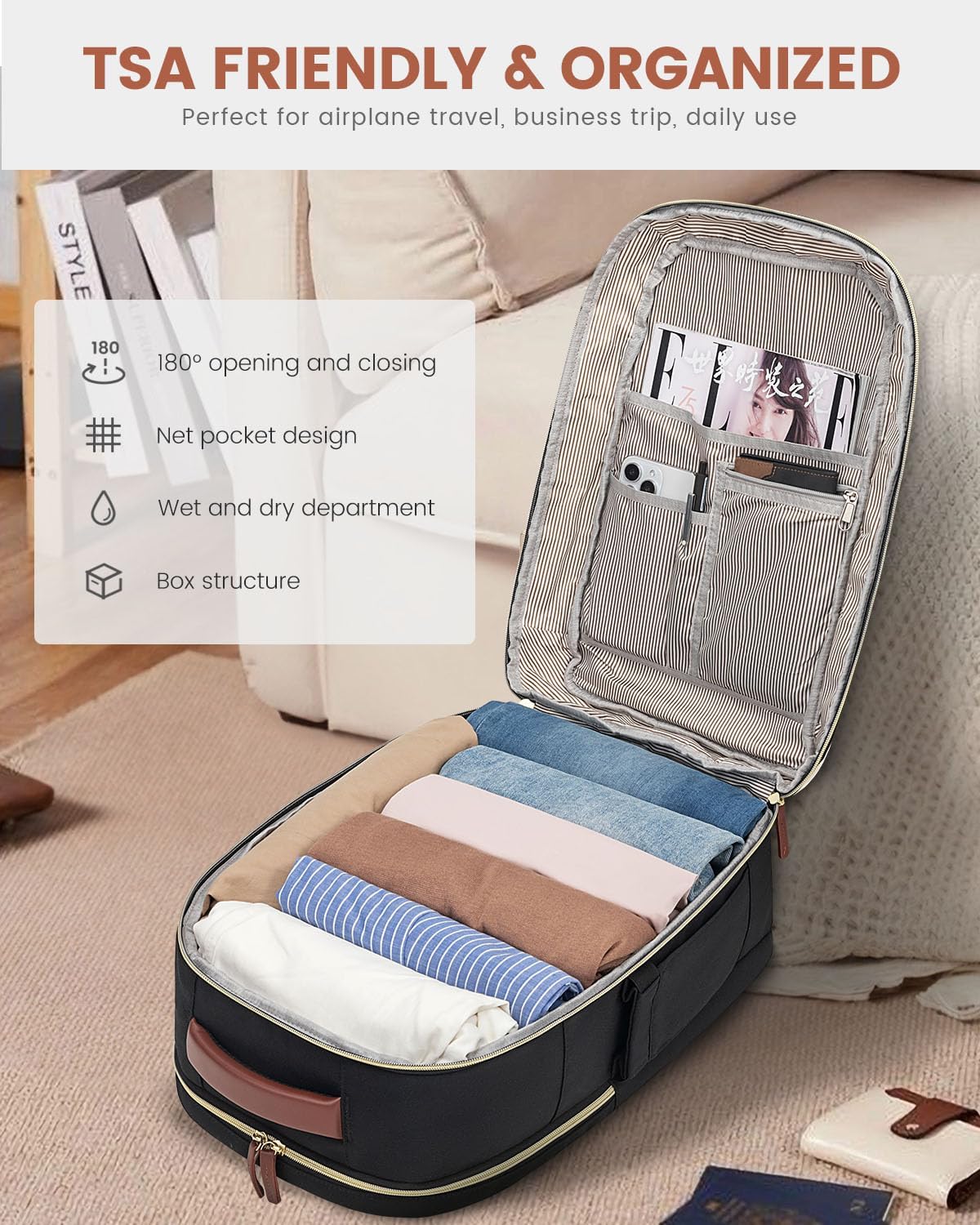 50L Rolling Backpack with Wheels, 18 Inch Carry On Luggage for Women, Water Resistant Wheeled Travel Backpack, Flight Approved Underseat Trolley Bag for Business, Overnight Trips, College