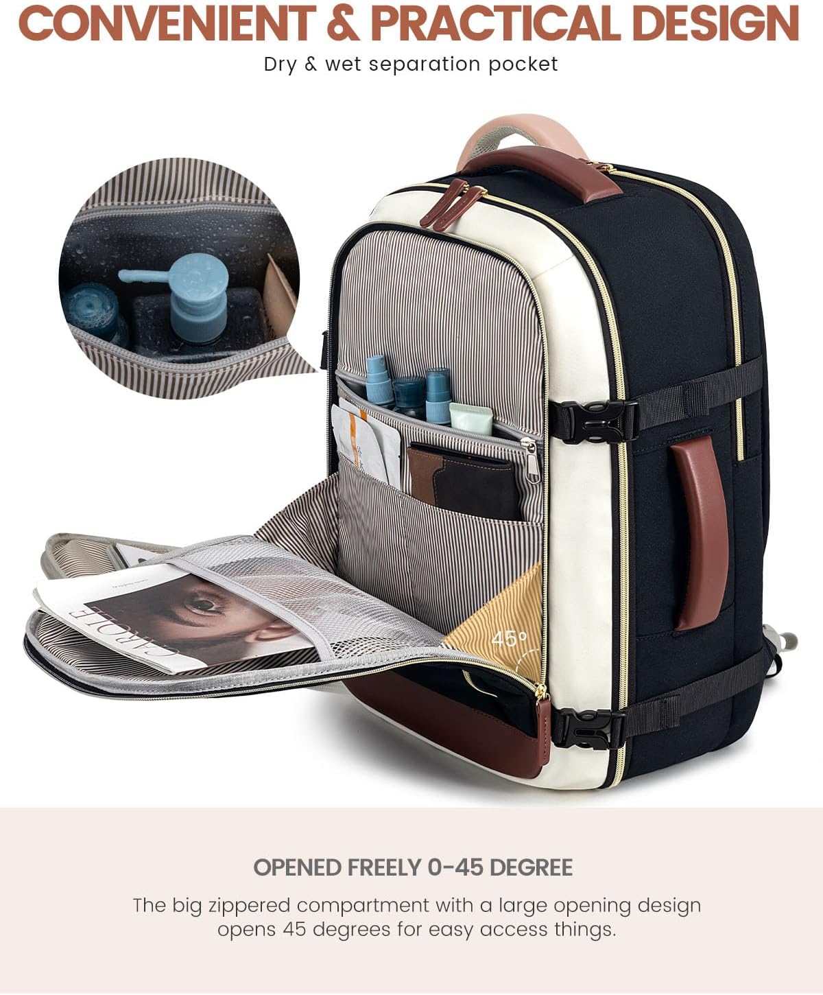 50L Rolling Backpack with Wheels, 18 Inch Carry On Luggage for Women, Water Resistant Wheeled Travel Backpack, Flight Approved Underseat Trolley Bag for Business, Overnight Trips, College