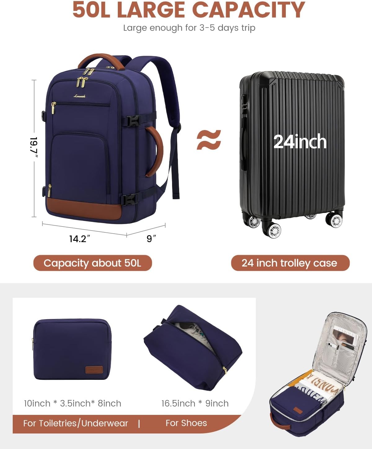 50L Rolling Backpack with Wheels, 18 Inch Carry On Luggage for Women, Water Resistant Wheeled Travel Backpack, Flight Approved Underseat Trolley Bag for Business, Overnight Trips, College