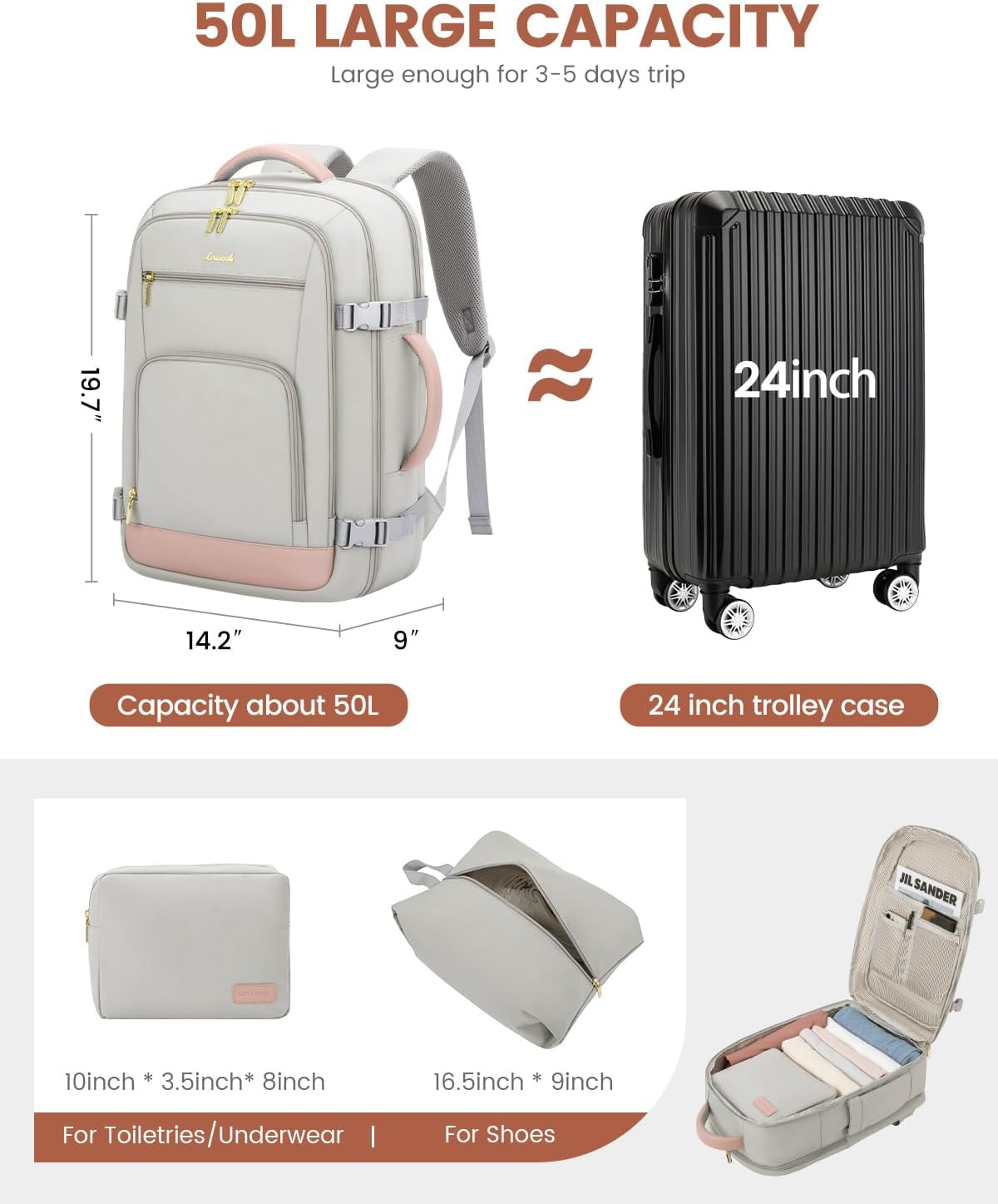 50L Rolling Backpack with Wheels, 18 Inch Carry On Luggage for Women, Water Resistant Wheeled Travel Backpack, Flight Approved Underseat Trolley Bag for Business, Overnight Trips, College