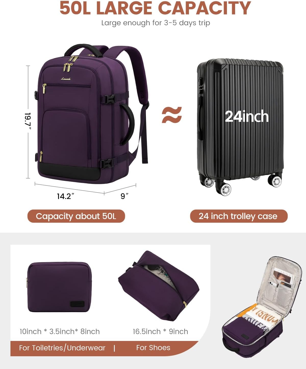 50L Rolling Backpack with Wheels, 18 Inch Carry On Luggage for Women, Water Resistant Wheeled Travel Backpack, Flight Approved Underseat Trolley Bag for Business, Overnight Trips, College
