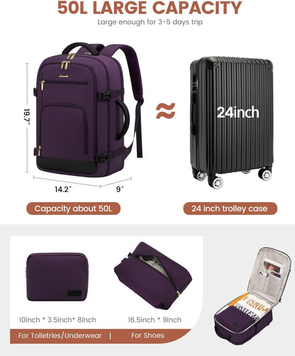 50L Rolling Backpack with Wheels, 18 Inch Carry On Luggage for Women, Water Resistant Wheeled Travel Backpack, Flight Approved Underseat Trolley Bag for Business, Overnight Trips, College