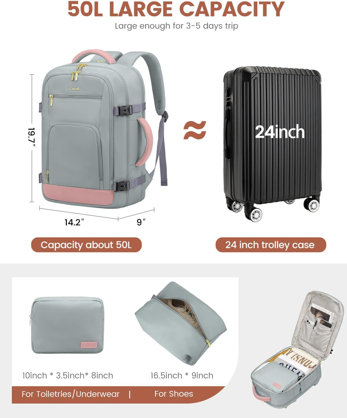 50L Rolling Backpack with Wheels, 18 Inch Carry On Luggage for Women, Water Resistant Wheeled Travel Backpack, Flight Approved Underseat Trolley Bag for Business, Overnight Trips, College