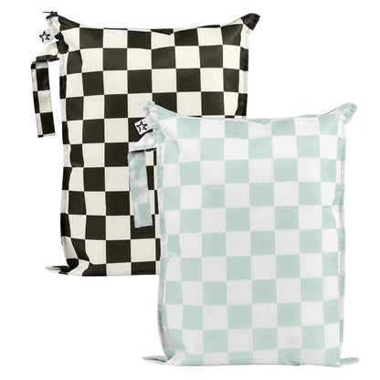 Mess Proof Wet Bags | Reusable Waterproof Wet Bags for Swimsuits | Baby Clothes | Travel & Diaper Bag (Black, Green Checkers) - Colors A