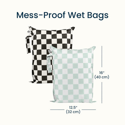 Mess Proof Wet Bags | Reusable Waterproof Wet Bags for Swimsuits | Baby Clothes | Travel & Diaper Bag (Black, Green Checkers) - Colors A