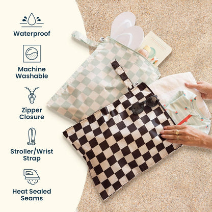 Mess Proof Wet Bags | Reusable Waterproof Wet Bags for Swimsuits | Baby Clothes | Travel & Diaper Bag (Black, Green Checkers) - Colors A