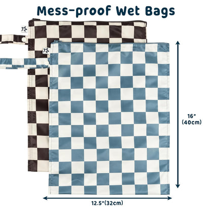 Mess Proof Wet Bags | Reusable Waterproof Wet Bags for Swimsuits | Baby Clothes | Travel & Diaper Bag (Black, Green Checkers) - Colors A
