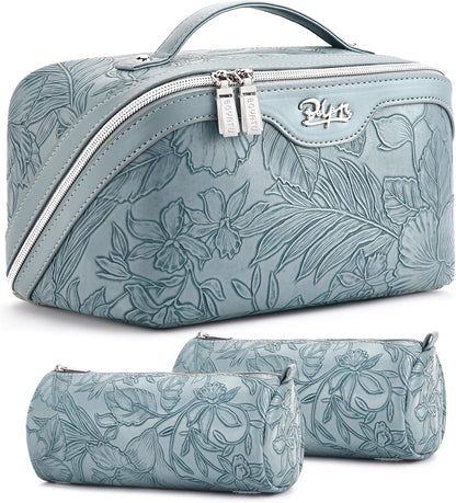 Travel Makeup Bags Cosmetic Organizer Bag: 3-Set Large Capacity Make up Bag - PU Leather Toiletry Bags for Women - Wide Open Portable Pouch with Divider & Handle (02-Light Green)
