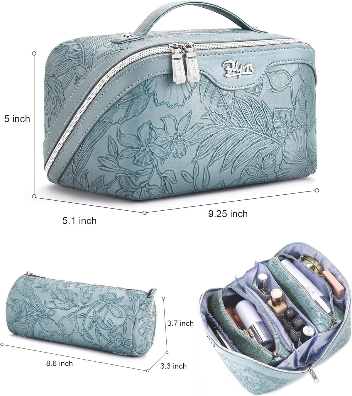 Travel Makeup Bags Cosmetic Organizer Bag: 3-Set Large Capacity Make up Bag - PU Leather Toiletry Bags for Women - Wide Open Portable Pouch with Divider & Handle (02-Light Green)