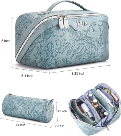 Travel Makeup Bags Cosmetic Organizer Bag: 3-Set Large Capacity Make up Bag - PU Leather Toiletry Bags for Women - Wide Open Portable Pouch with Divider & Handle (02-Light Green)