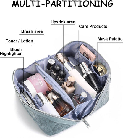 Travel Makeup Bags Cosmetic Organizer Bag: 3-Set Large Capacity Make up Bag - PU Leather Toiletry Bags for Women - Wide Open Portable Pouch with Divider & Handle (02-Light Green)
