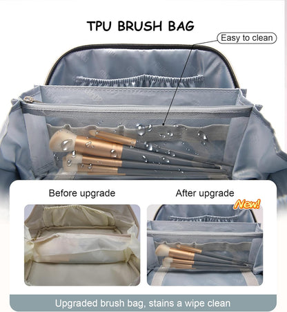 Travel Makeup Bags Cosmetic Organizer Bag: 3-Set Large Capacity Make up Bag - PU Leather Toiletry Bags for Women - Wide Open Portable Pouch with Divider & Handle (02-Light Green)