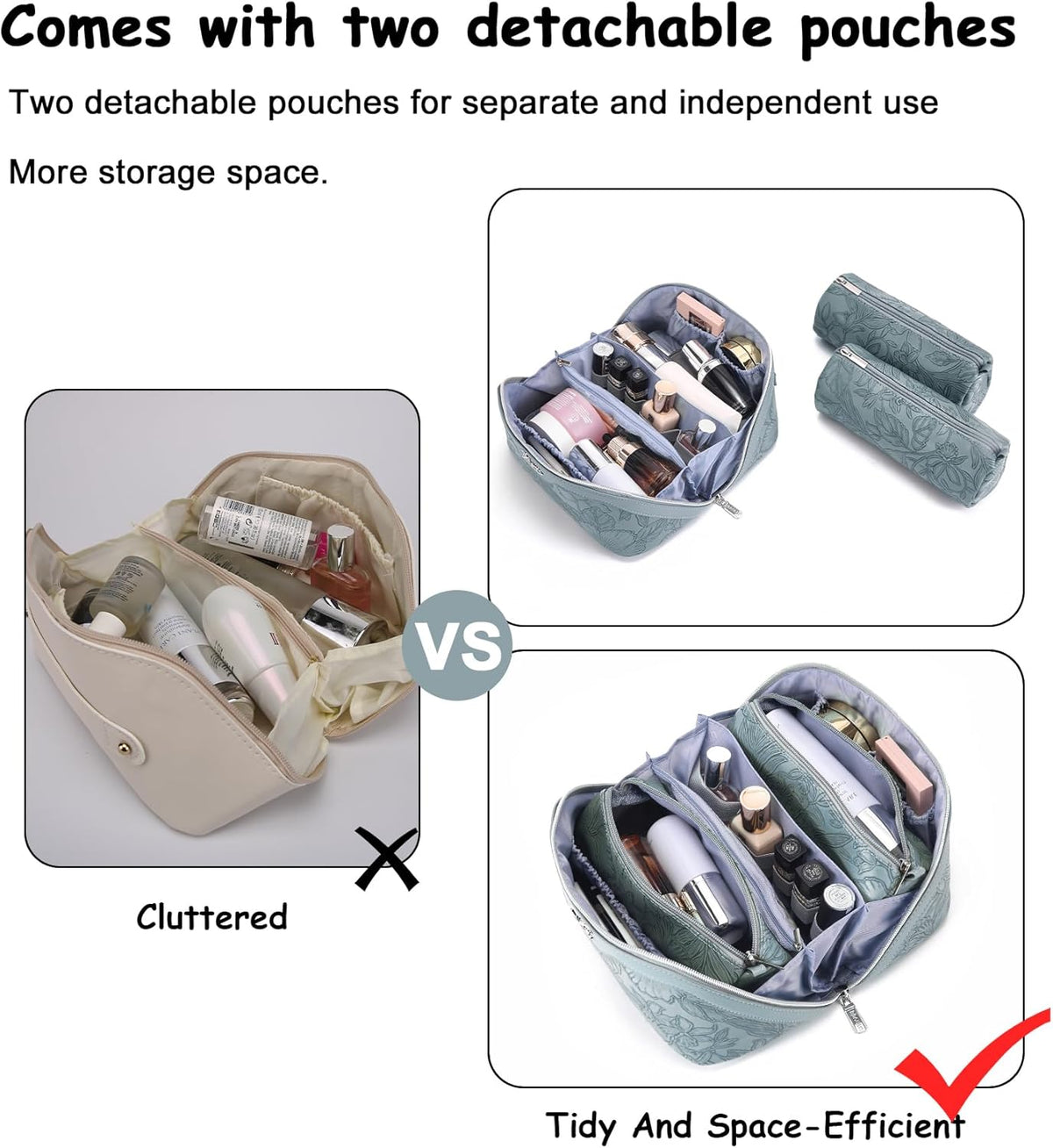 Travel Makeup Bags Cosmetic Organizer Bag: 3-Set Large Capacity Make up Bag - PU Leather Toiletry Bags for Women - Wide Open Portable Pouch with Divider & Handle (02-Light Green)
