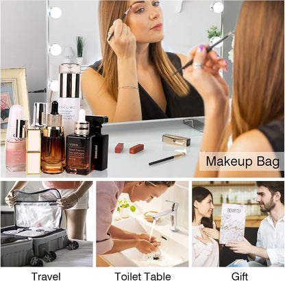 Travel Makeup Bags Cosmetic Organizer Bag: 3-Set Large Capacity Make up Bag - PU Leather Toiletry Bags for Women - Wide Open Portable Pouch with Divider & Handle (02-Light Green)