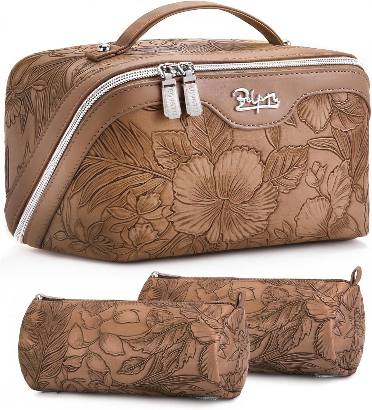 Travel Makeup Bags Cosmetic Organizer Bag: 3-Set Large Capacity Make up Bag - PU Leather Toiletry Bags for Women - Wide Open Portable Pouch with Divider & Handle (02-Light Green)