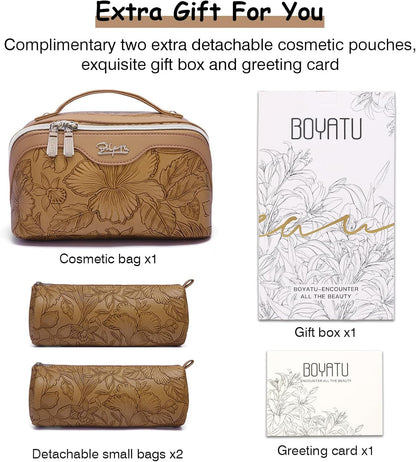 Travel Makeup Bags Cosmetic Organizer Bag: 3-Set Large Capacity Make up Bag - PU Leather Toiletry Bags for Women - Wide Open Portable Pouch with Divider & Handle (02-Light Green)