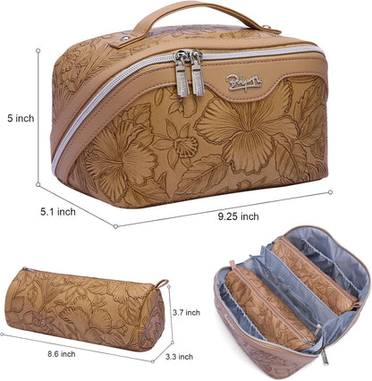 Travel Makeup Bags Cosmetic Organizer Bag: 3-Set Large Capacity Make up Bag - PU Leather Toiletry Bags for Women - Wide Open Portable Pouch with Divider & Handle (02-Light Green)