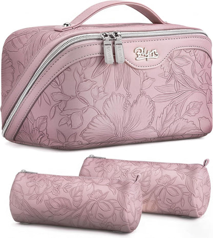 Travel Makeup Bags Cosmetic Organizer Bag: 3-Set Large Capacity Make up Bag - PU Leather Toiletry Bags for Women - Wide Open Portable Pouch with Divider & Handle (02-Light Green)