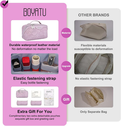 Travel Makeup Bags Cosmetic Organizer Bag: 3-Set Large Capacity Make up Bag - PU Leather Toiletry Bags for Women - Wide Open Portable Pouch with Divider & Handle (02-Light Green)