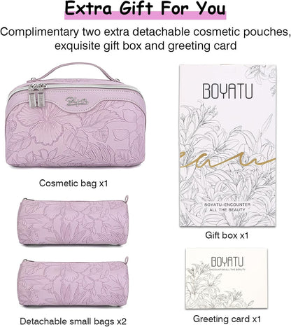 Travel Makeup Bags Cosmetic Organizer Bag: 3-Set Large Capacity Make up Bag - PU Leather Toiletry Bags for Women - Wide Open Portable Pouch with Divider & Handle (02-Light Green)